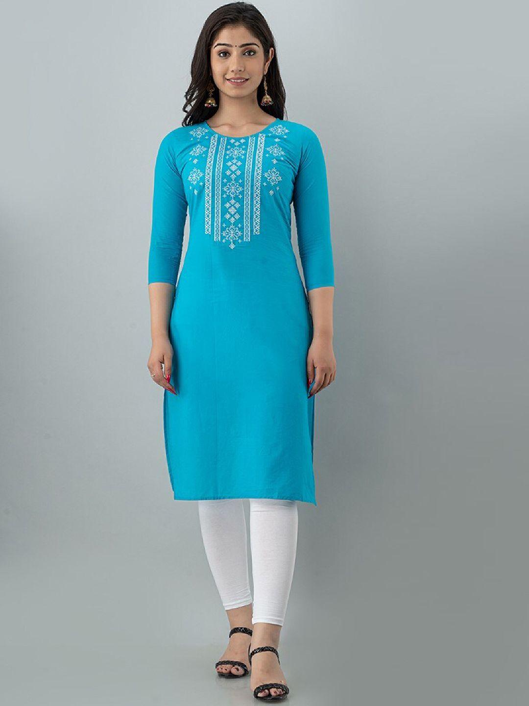 ksharaa turquoise blue geometric embroidered thread work kurta