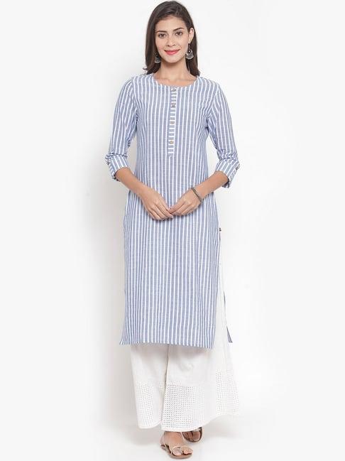 ksut blue & white cotton striped straight kurti