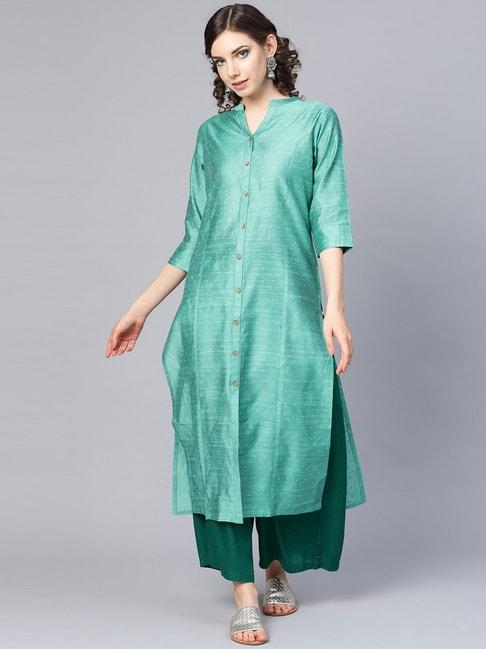 ksut green woven pattern straight kurta