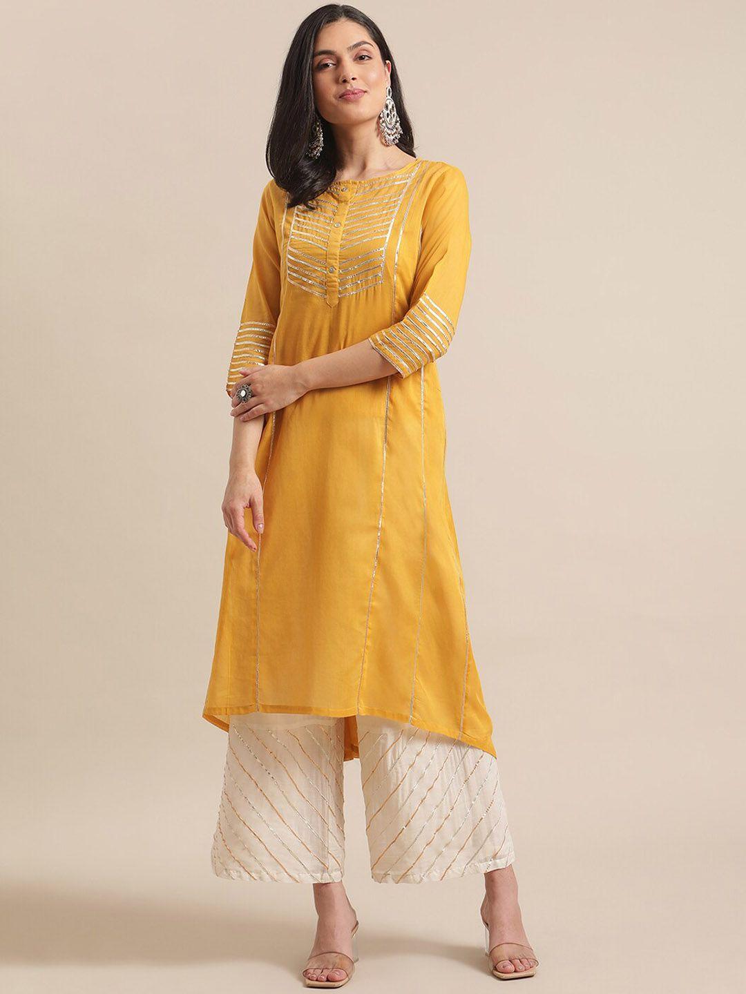 ksut striped embroidered round neck pure cotton kurta with trousers