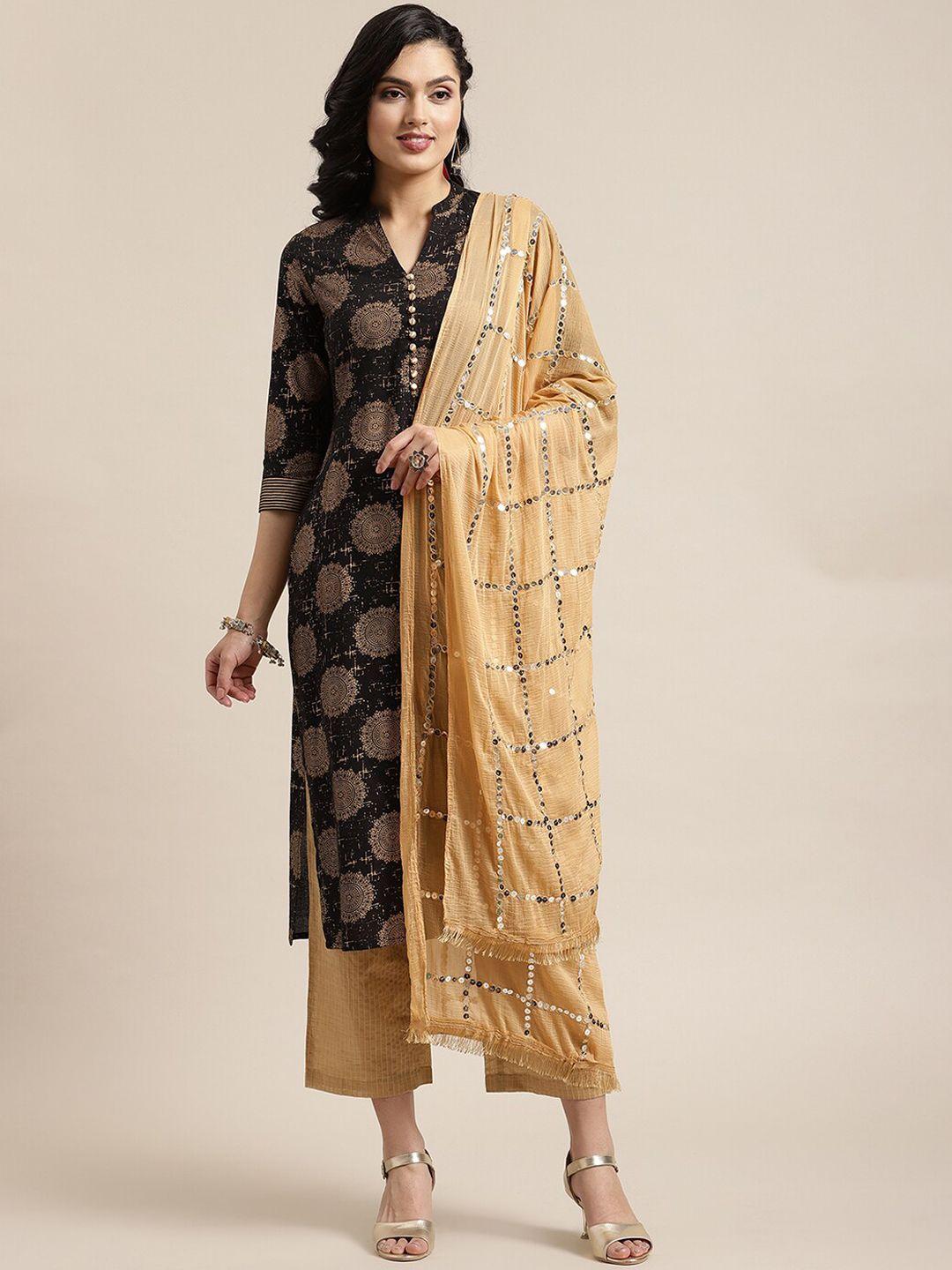 ksut women black ethnic motifs printed regular sequinned pure cotton kurta with trousers & with dupatta