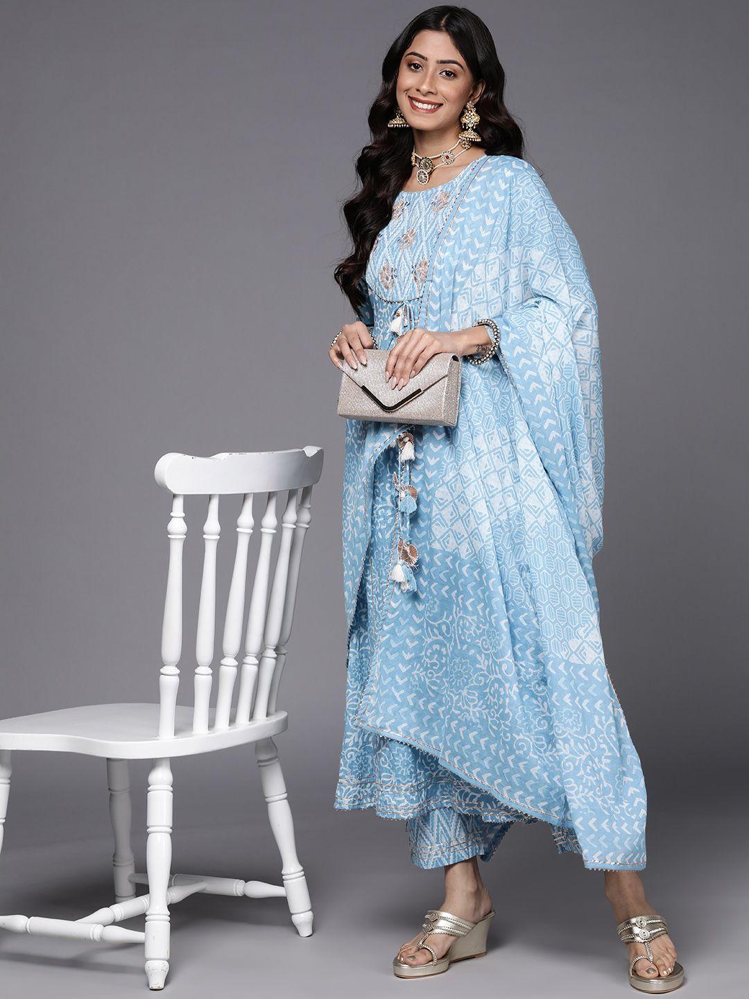 ksut women blue pure cotton embroidered gotta patti kurta with trousers & with dupatta