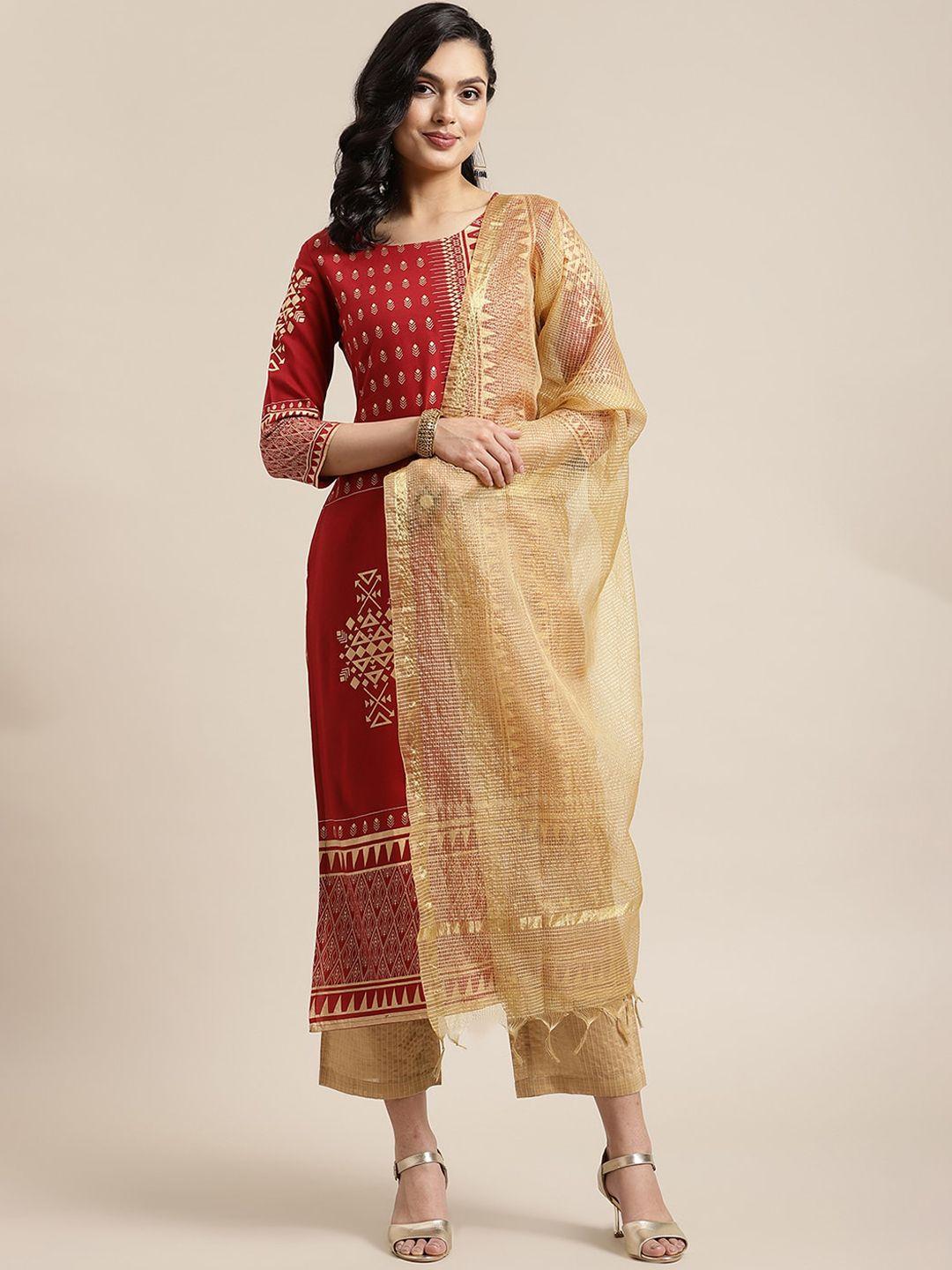ksut women maroon printed panelled kurta with trousers & with dupatta