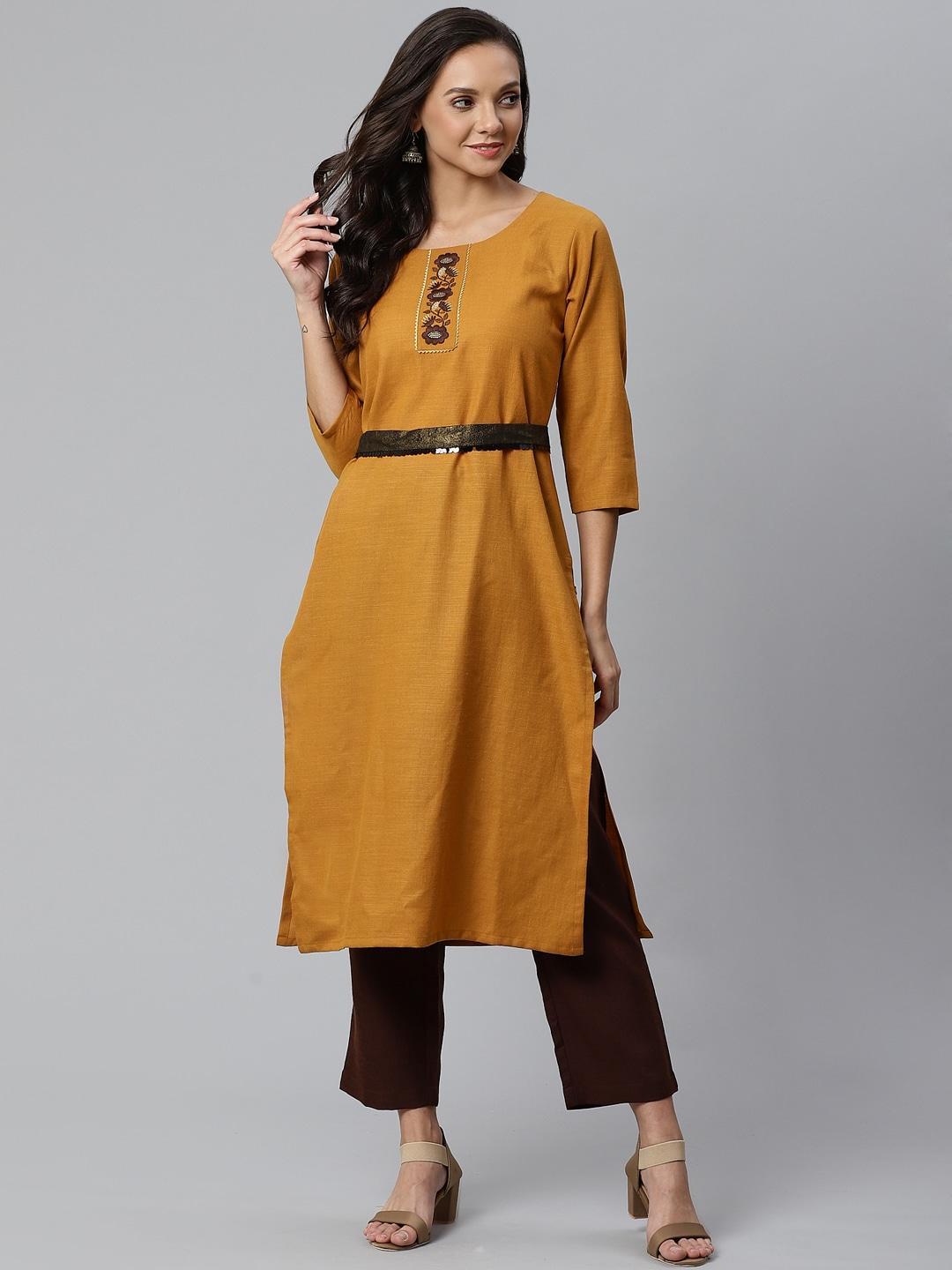 ksut women mustard brown & brown solid kurta with trousers