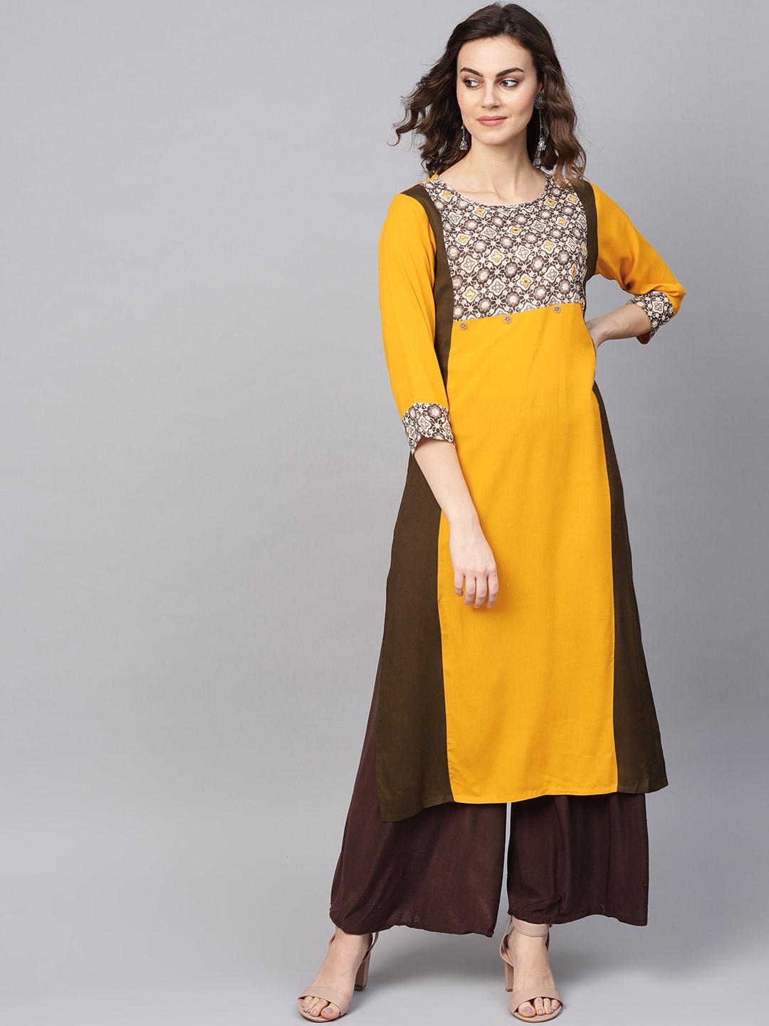 ksut women mustard yellow & brown yoke design straight kurta