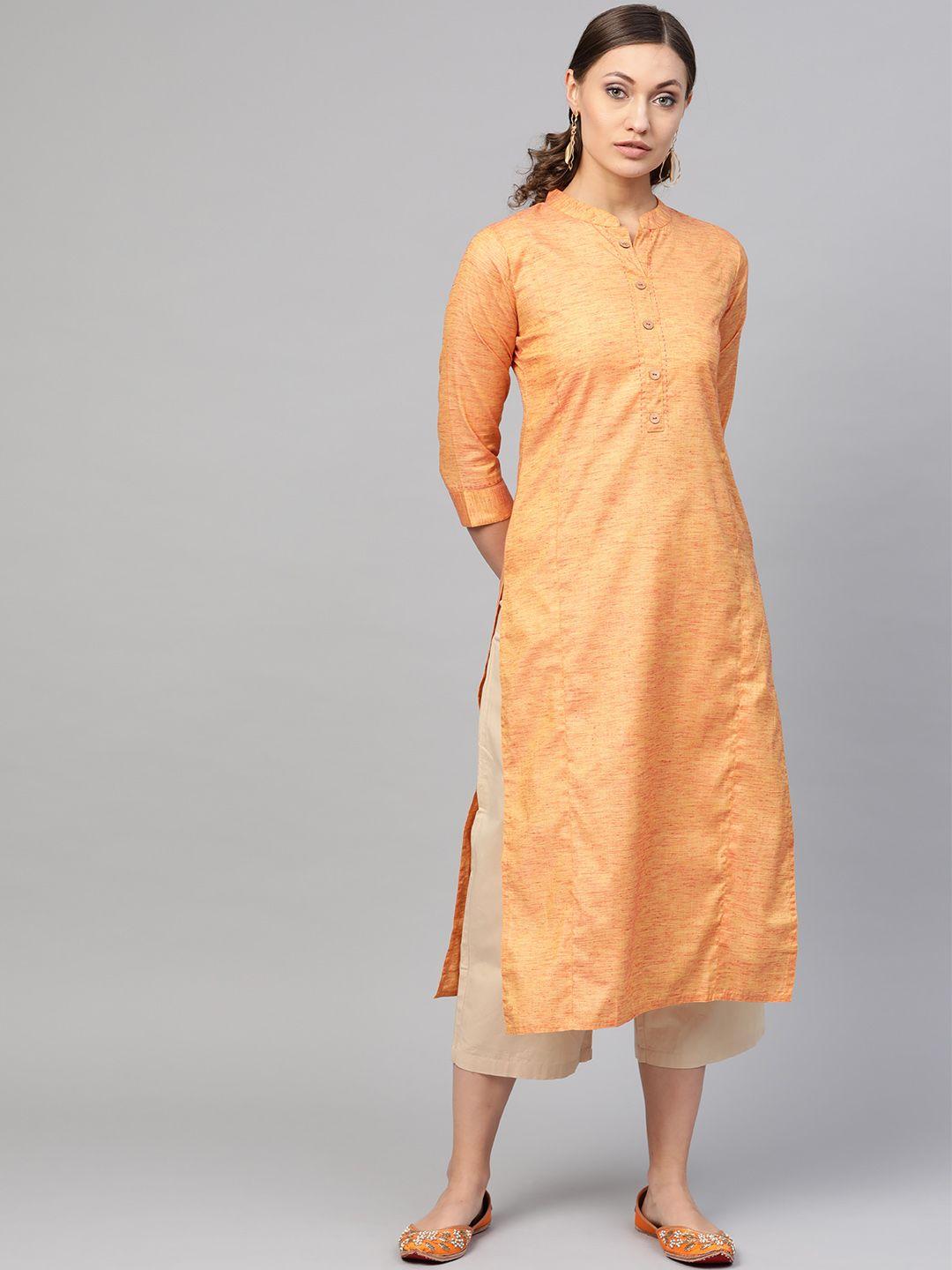 ksut women orange woven design straight kurta