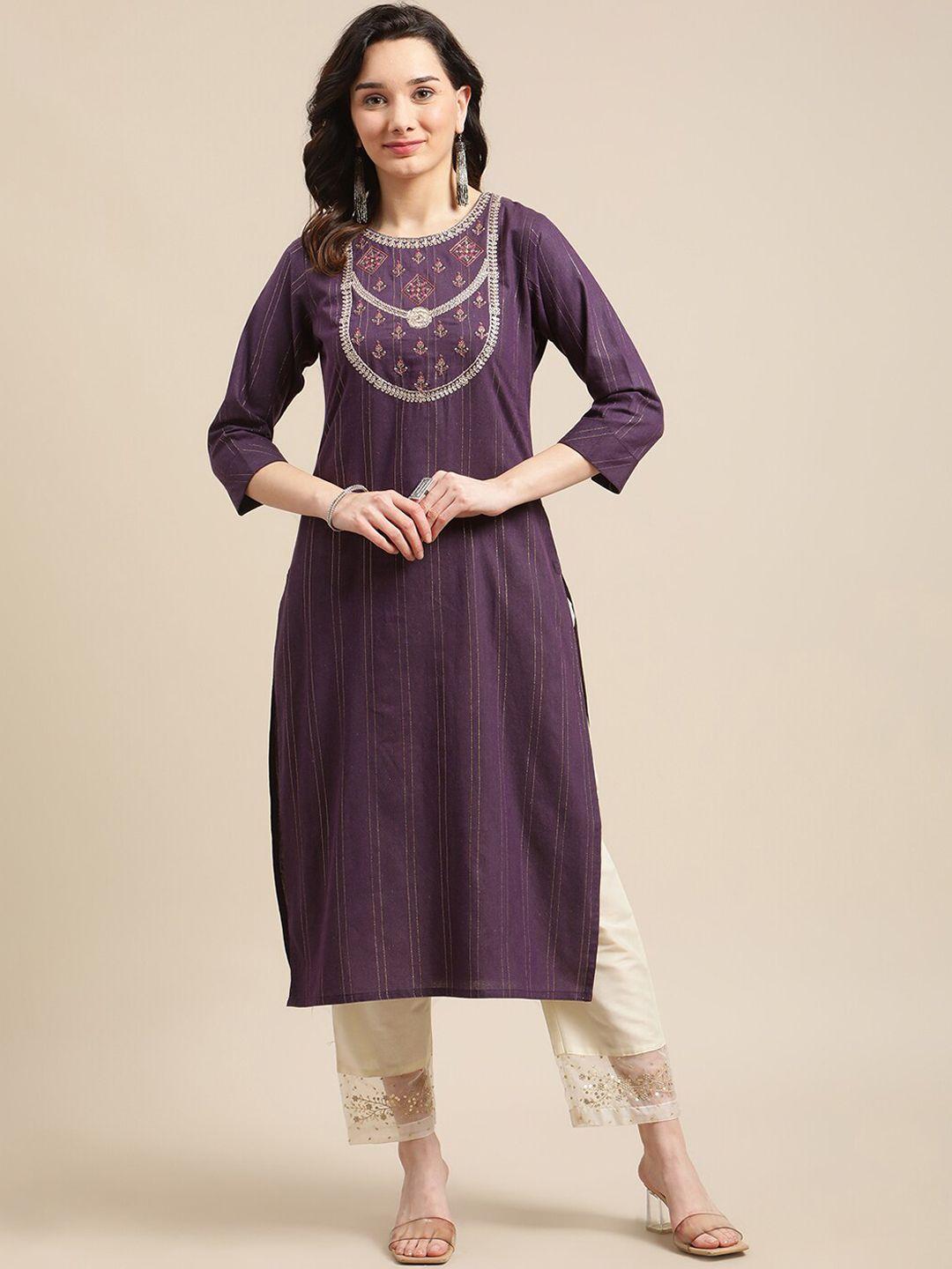 ksut women purple yoke design beads and stones kurta with trousers