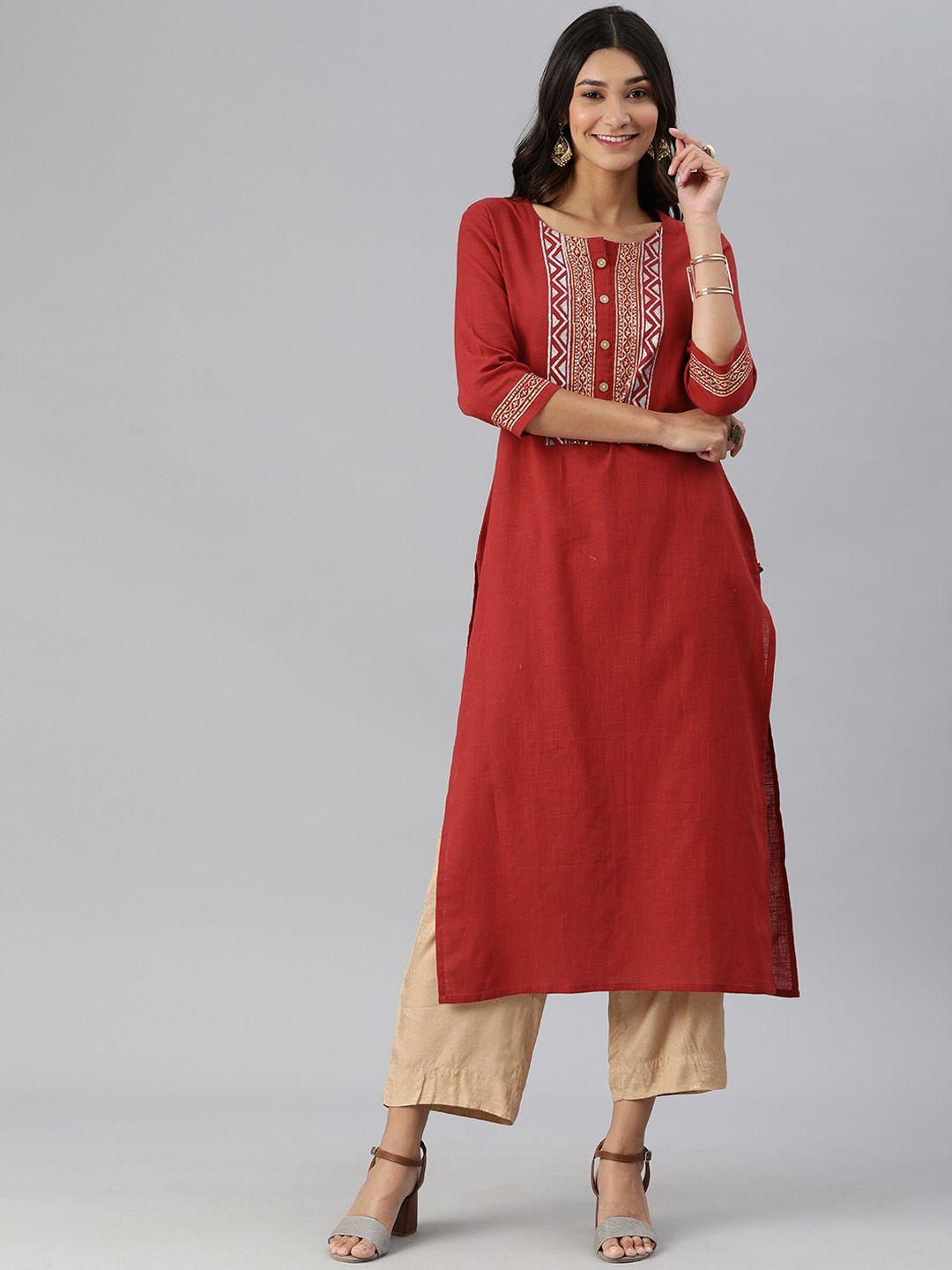 ksut women red ethnic motifs yoke design kurta