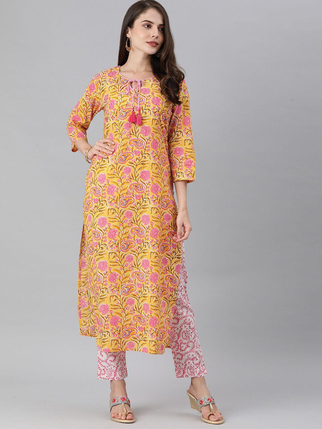 ksut women yellow & pink printed kurta with trousers
