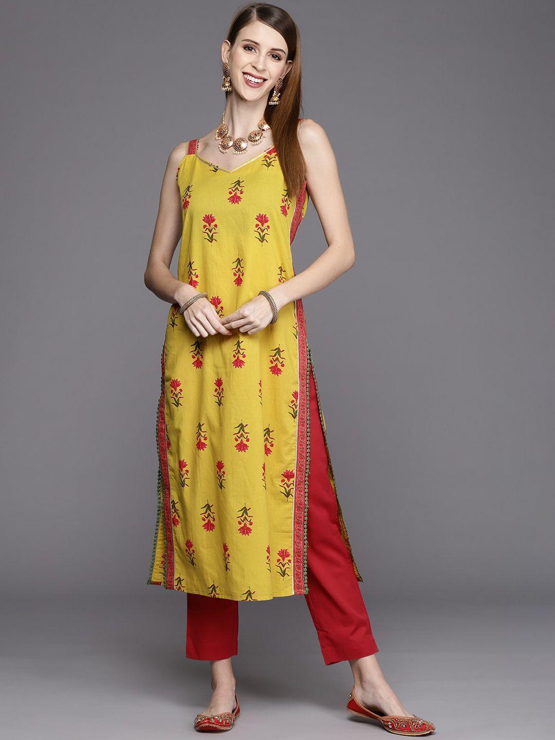 ksut women yellow floral printed thread work kurta