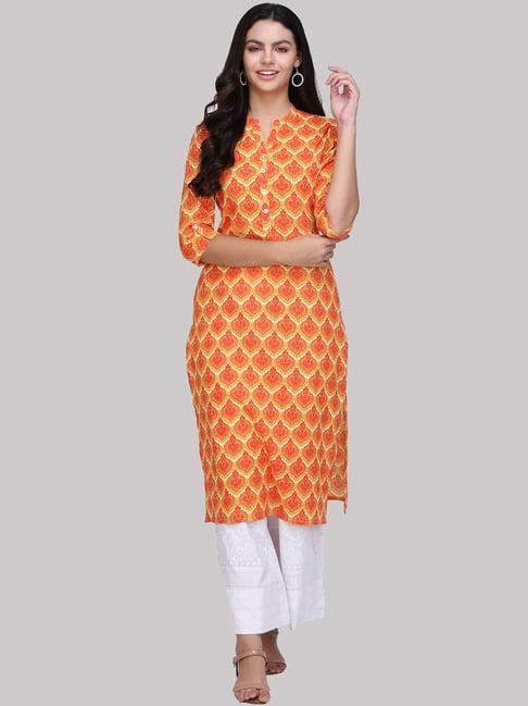 ksut yellow & orange cotton printed straight kurti