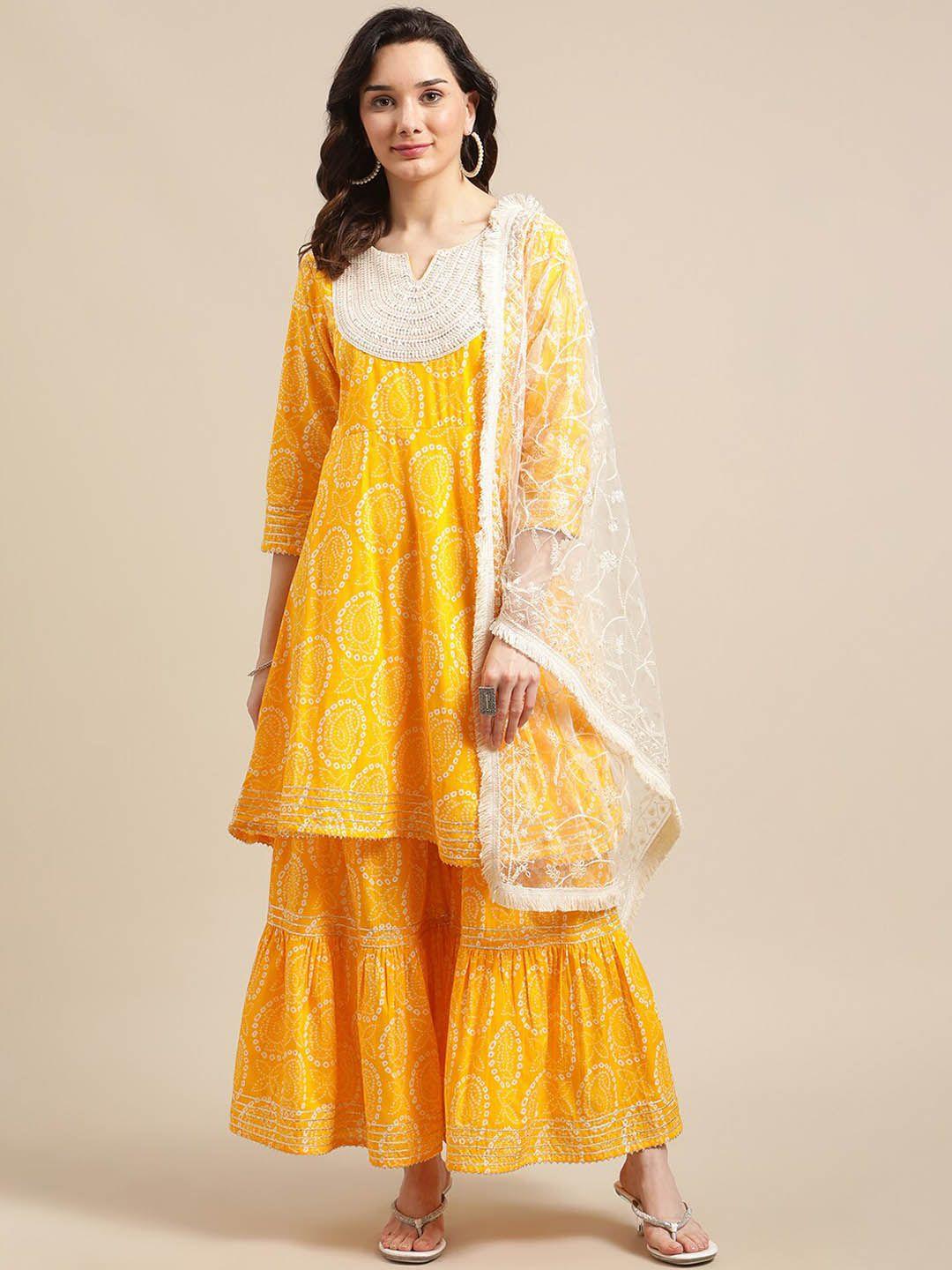 ksut bandhani printed round neck pure cotton kurta with sharara & dupatta