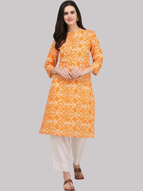 ksut beige & orange cotton printed straight kurti