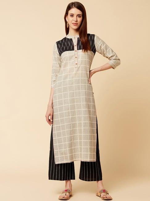 ksut beige check kurta & palazzo set