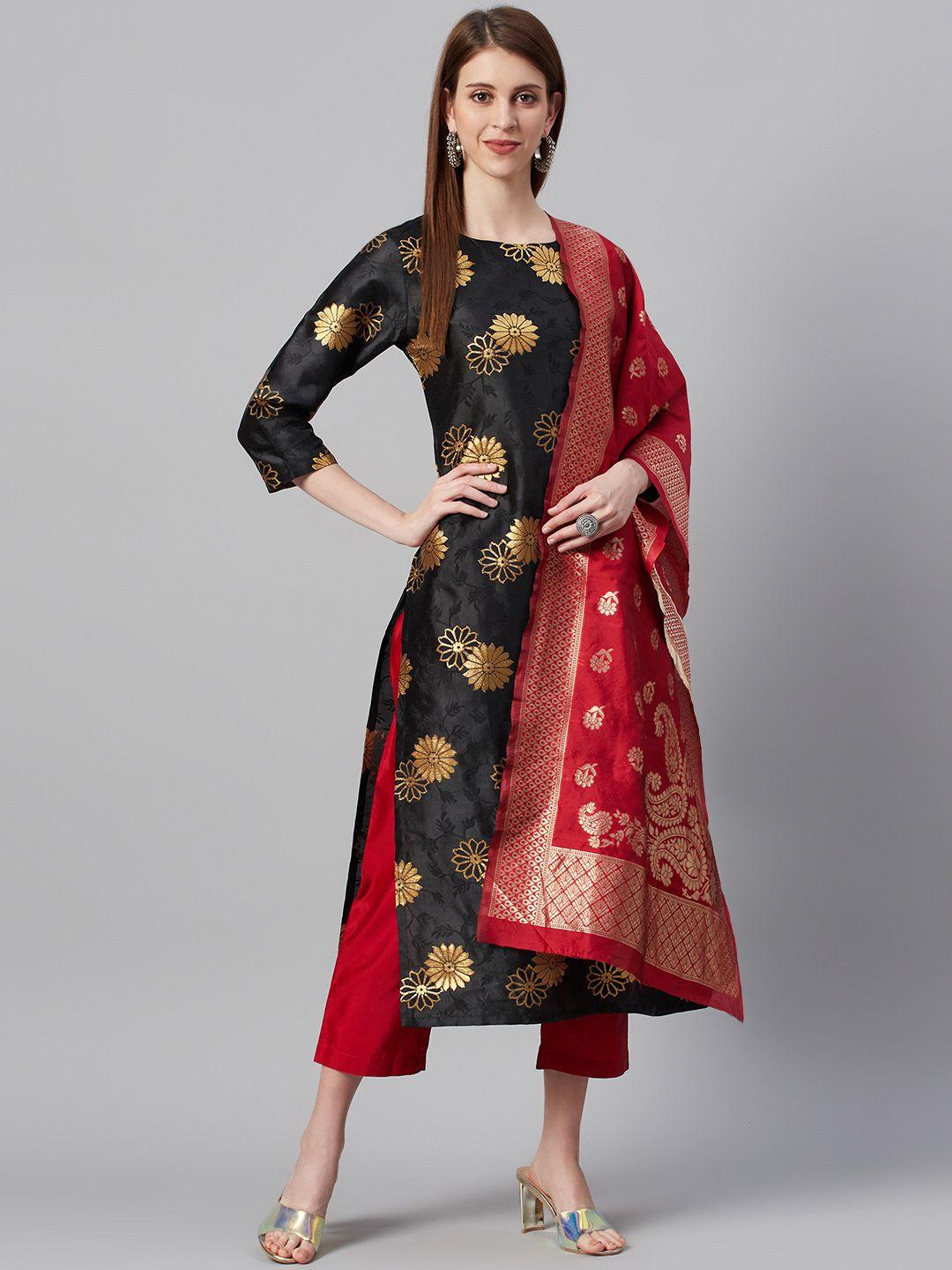 ksut black & red woven design unstitched dress material