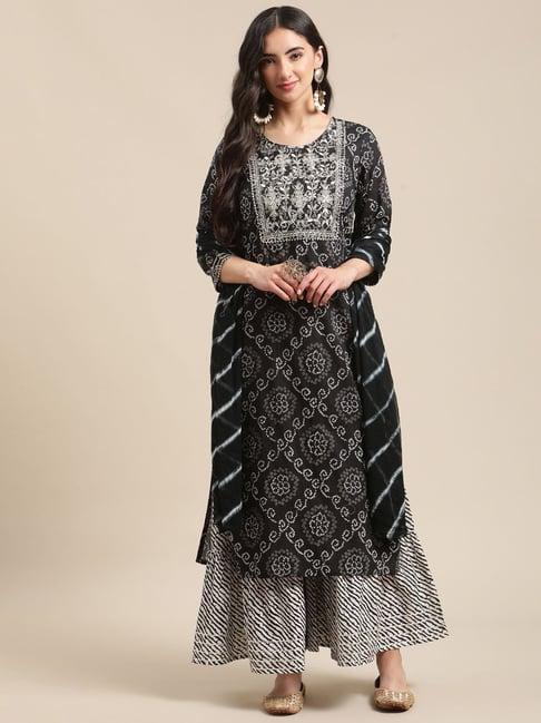 ksut black & white embellished kurta sharara set with dupatta