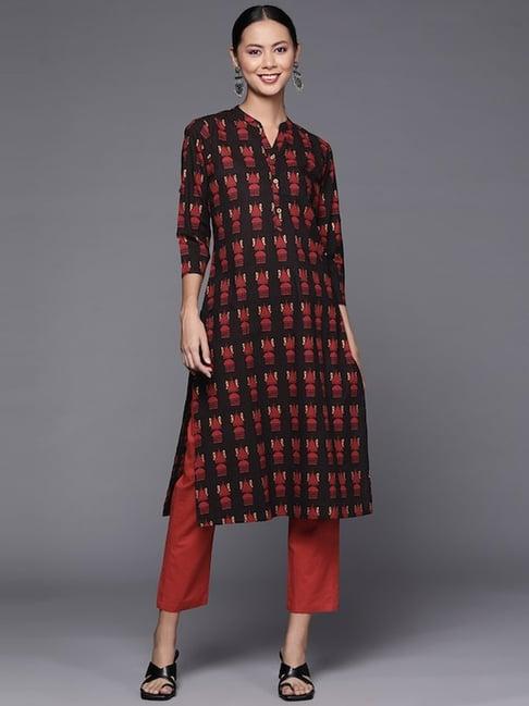 ksut black cotton printed straight kurta