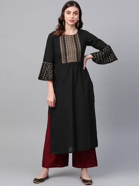 ksut black cotton printed straight kurta