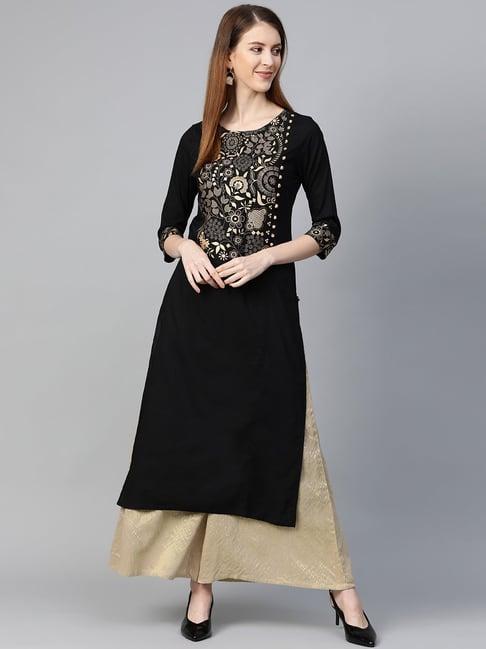 ksut black cotton printed straight kurta