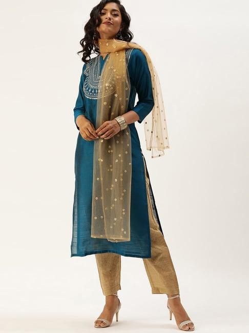 ksut blue & green embellished kurta pant set with dupatta