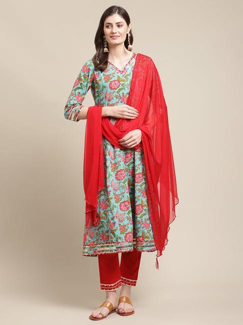 ksut blue & red printed kurta pant set with dupatta