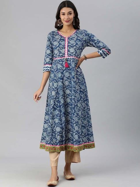 ksut blue cotton printed a line kurta