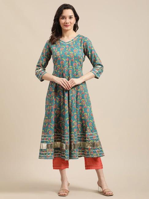 ksut blue cotton printed a line kurta