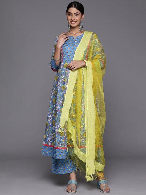 ksut blue cotton printed kurta palazzo set with dupatta