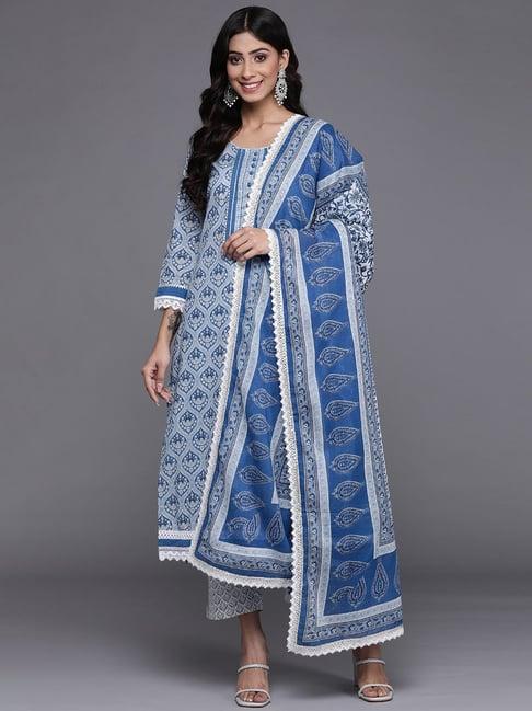 ksut blue cotton printed kurta palazzo set with dupatta