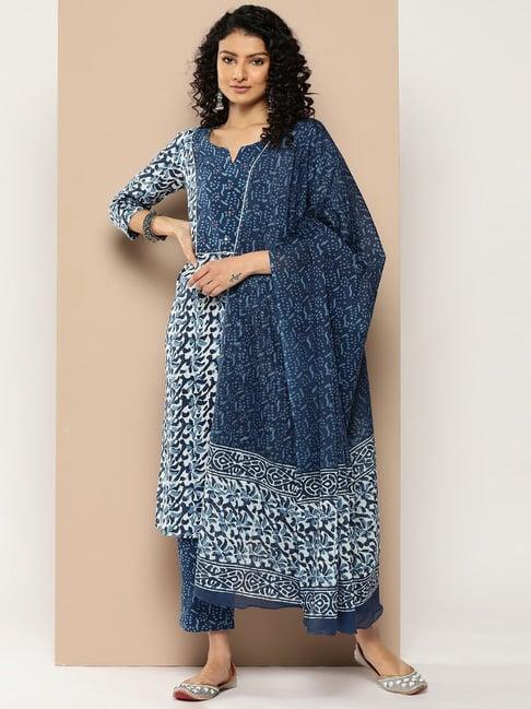 ksut blue cotton printed kurta pant set with dupatta