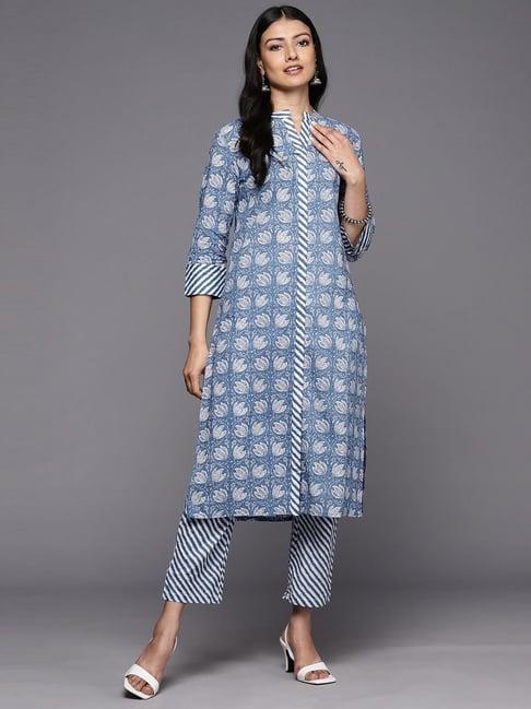 ksut blue cotton printed kurta pant set