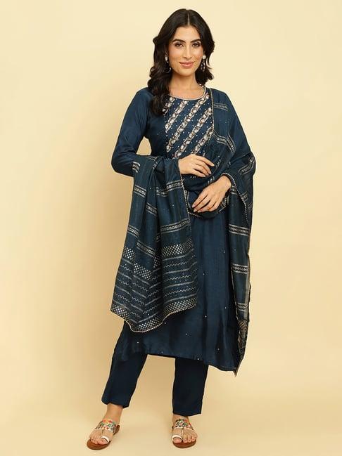 ksut blue embellished kurta with pant & dupatta