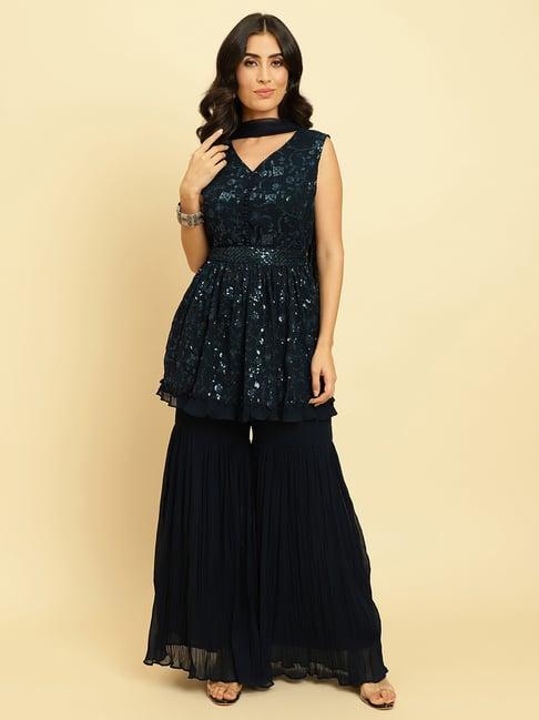 ksut blue embellished kurta with sharara & dupatta