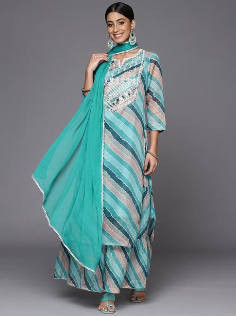 ksut blue printed kurta sharara set with dupatta