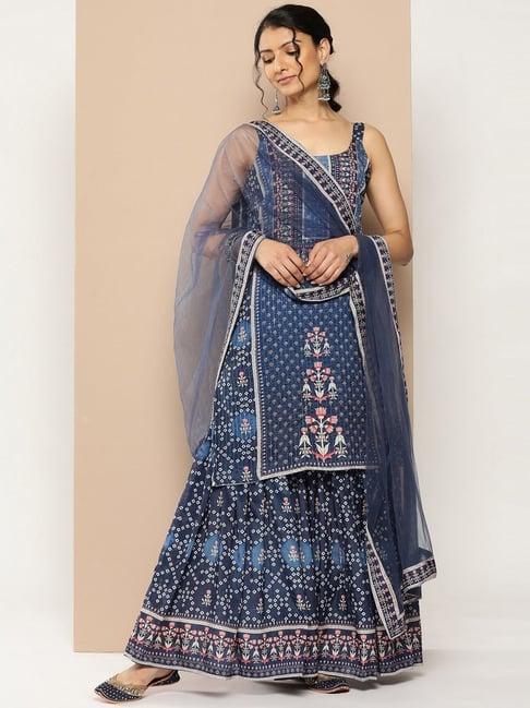 ksut blue printed kurti sharara set with dupatta