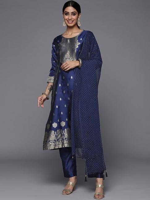 ksut blue woven pattern kurta pant set with dupatta