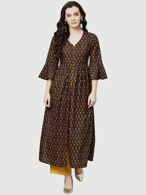 ksut brown cotton floral print straight kurta