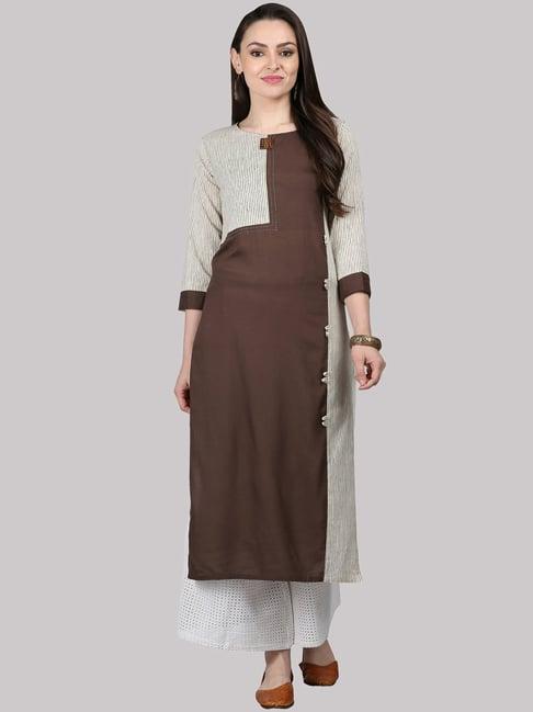 ksut brown cotton striped straight kurti