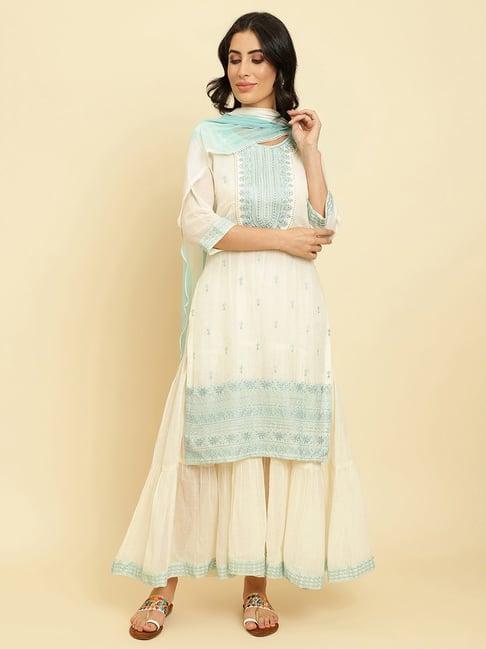 ksut cream & blue embroidered kurta skirt set