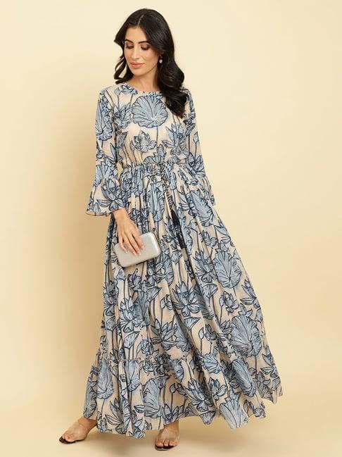 ksut cream & blue floral print anarkali kurta