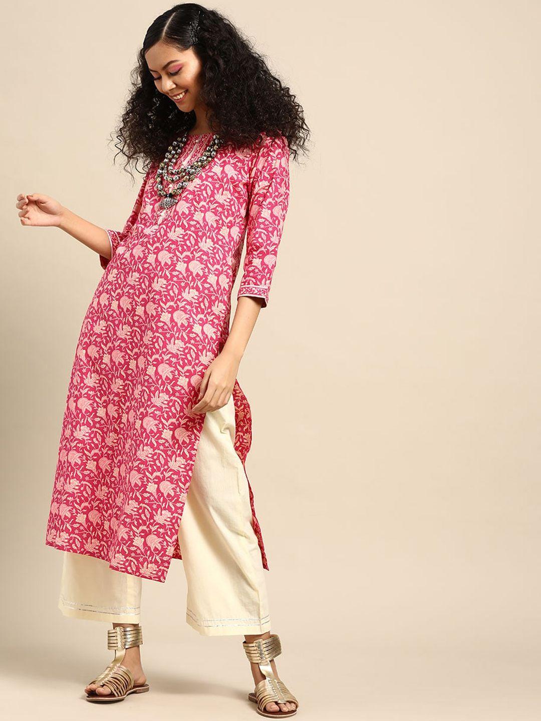 ksut floral printed round neck pure cotton kurta with trousers
