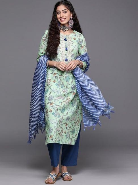 ksut green & blue cotton printed kurta pant set with dupatta