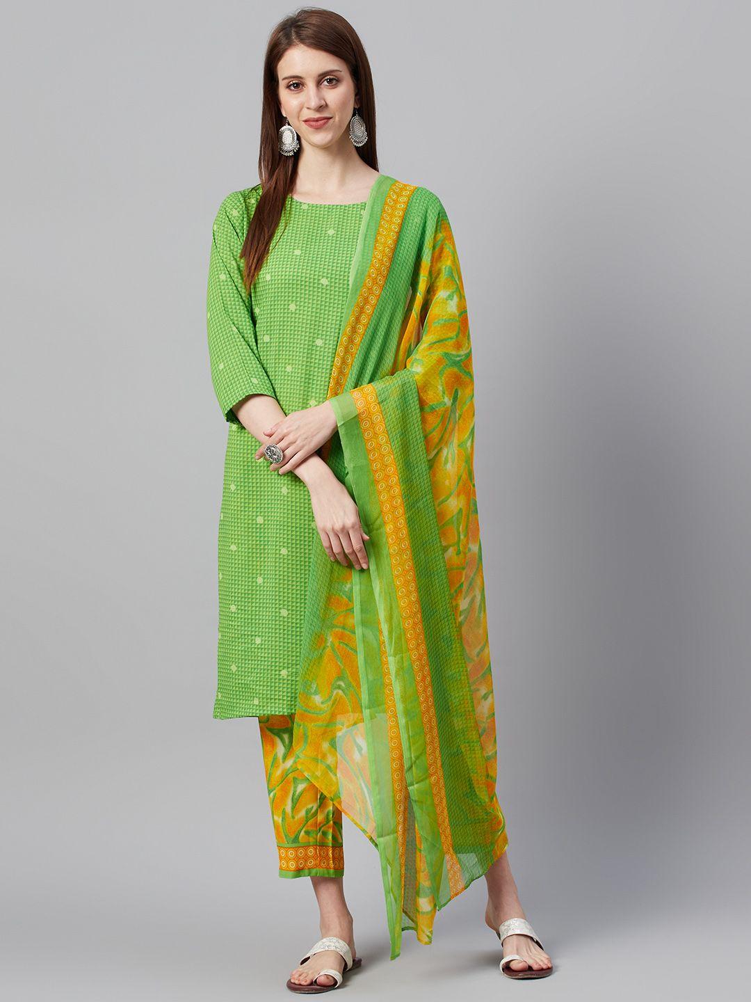 ksut green & yellow printed unstitched dress material