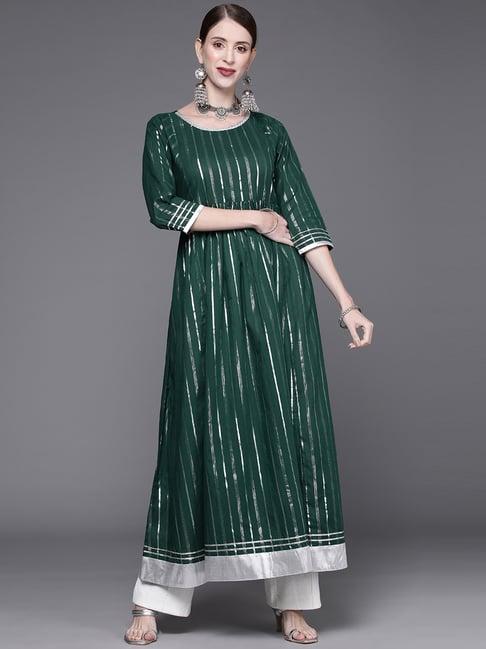 ksut green cotton striped anarkali kurta