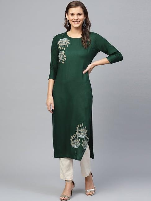 ksut green embroidered straight kurta