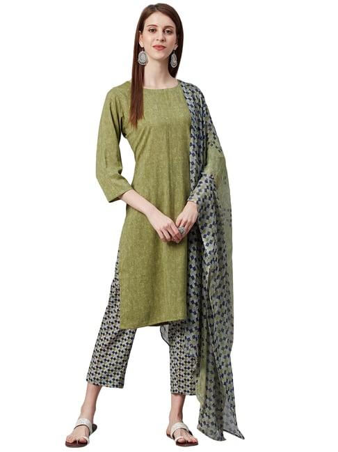 ksut green printed unstitched dress material