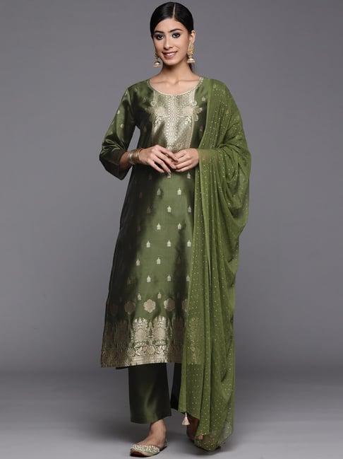 ksut green woven pattern kurta pant set with dupatta