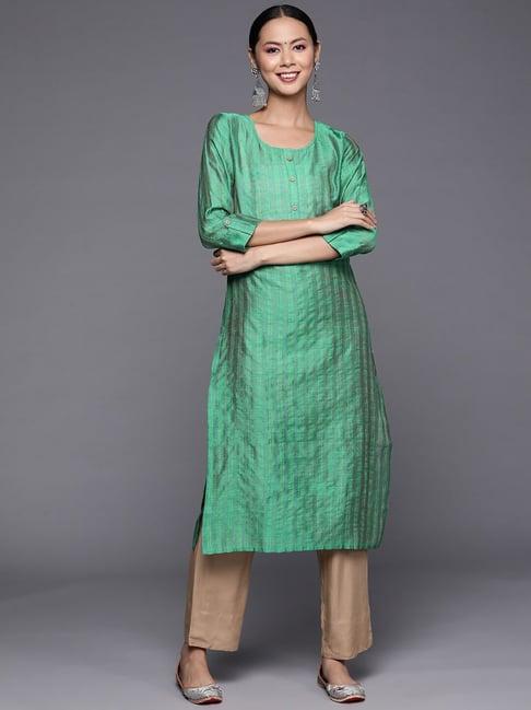 ksut green woven pattern straight kurta