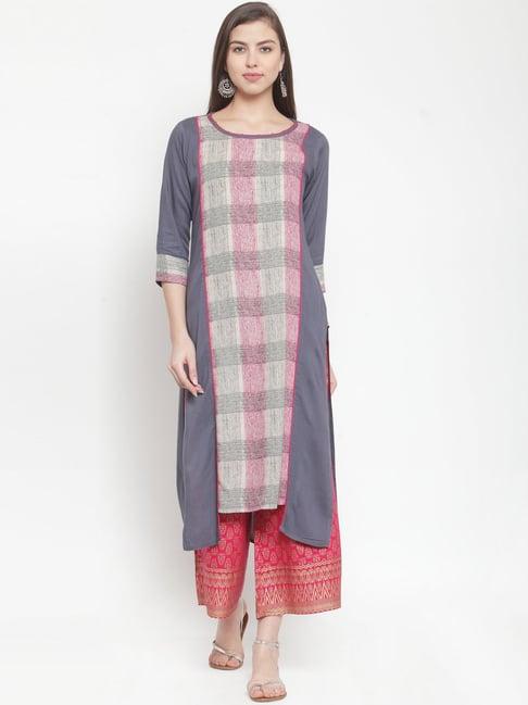 ksut grey & pink printed straight kurti