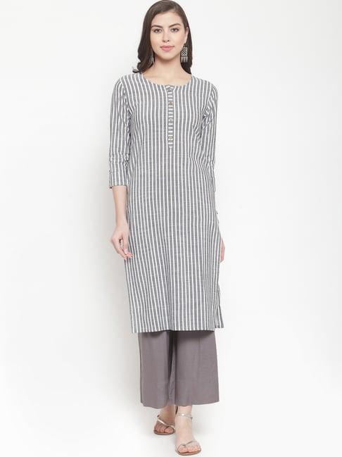 ksut grey & white cotton striped straight kurti